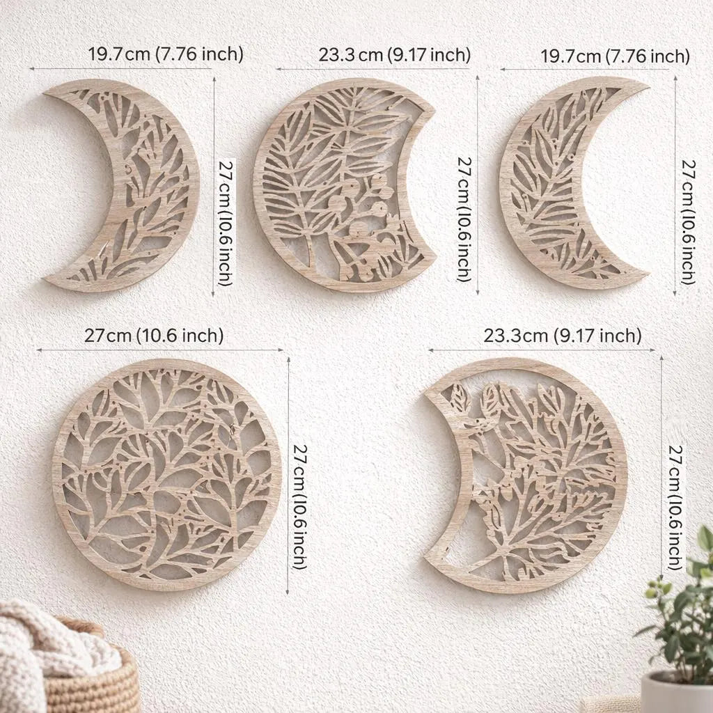 Moon Phase Wall Art Set of 5 Wooden Boho Celestial Home Ornament Crescent Decor