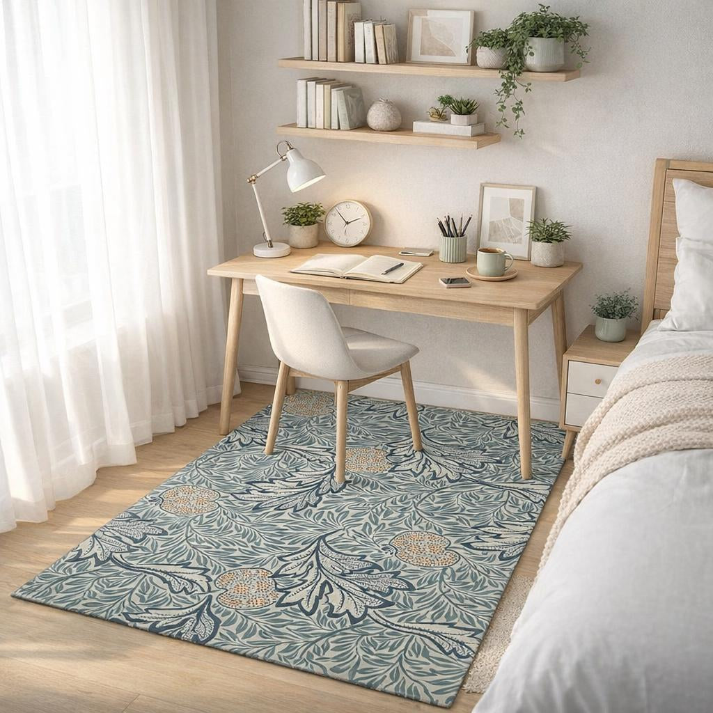 Sage green William Morris floral area rug under a wooden desk in a home office