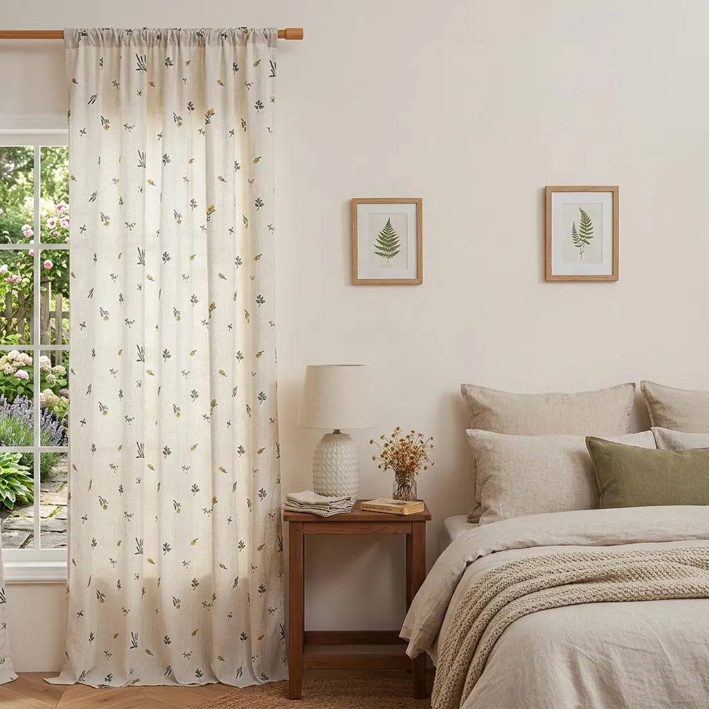 Boho Embroidered Linen Curtain Daisy Floral Farmhouse Rod Pocket Window Drape