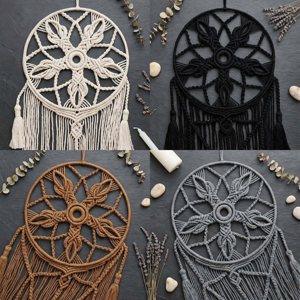 Four color macrame dreamcatcher detail flat lay cream black brown grey cotton knotwork close-up — Bohoartis