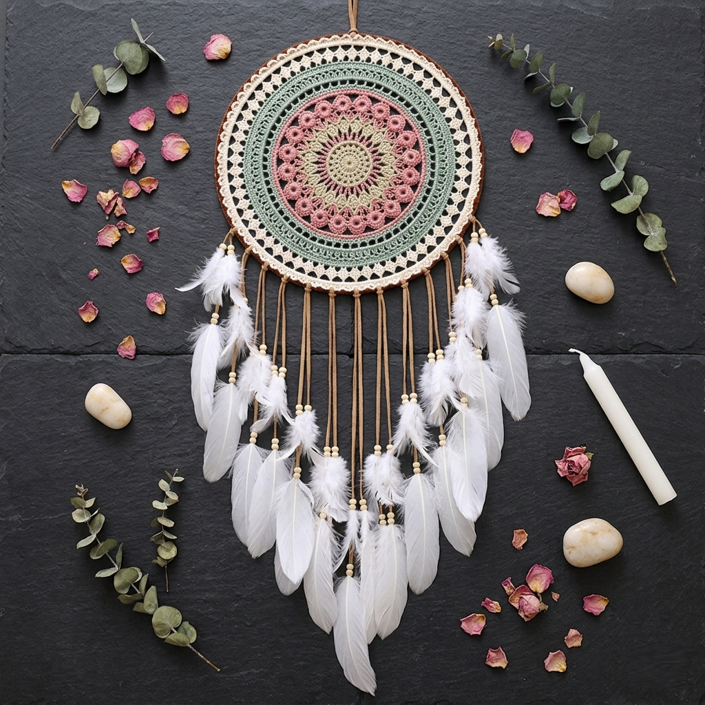 Mandala dreamcatcher Style 01 flat lay with rose petals and eucalyptus — sage green pink feather wall hanging