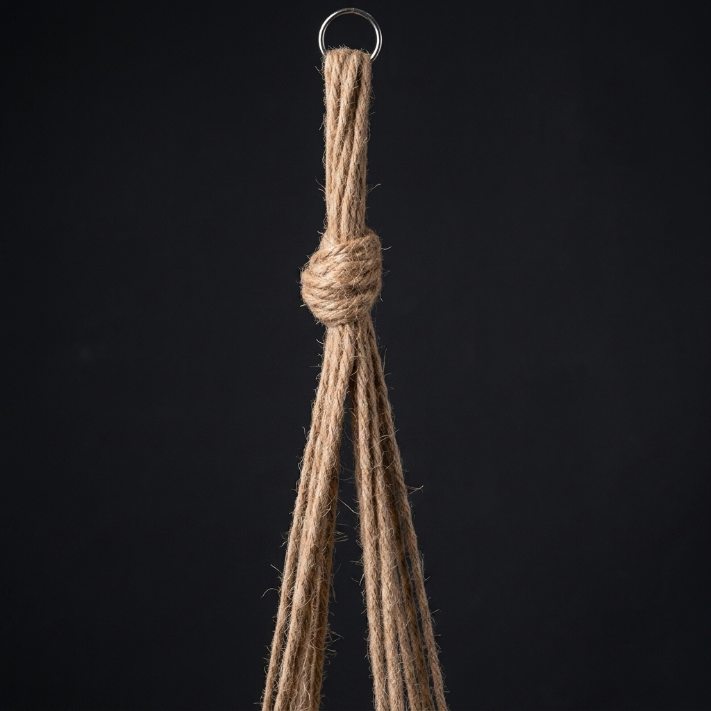 Close-up of the natural jute rope knot and fringe tassel on the plant hanger