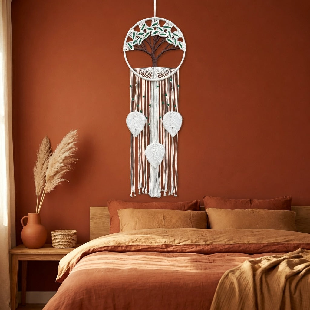 Tree of life macrame wall hanging on terracotta wall, large boho cotton rope art with white leaf tassels, bedroom decor