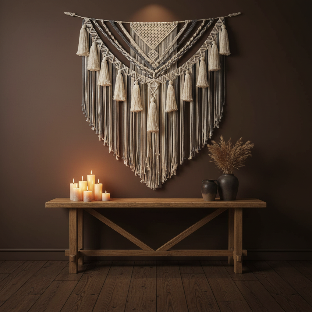 Macrame wall hanging in dark moody interior with candles — bohemian tapestry above wooden console, neutral tassel decor