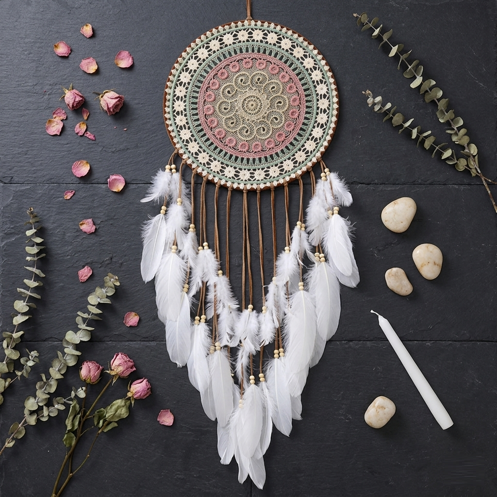 Mandala dreamcatcher Style 02 flat lay with dried roses and eucalyptus on slate — boho feather wall hanging