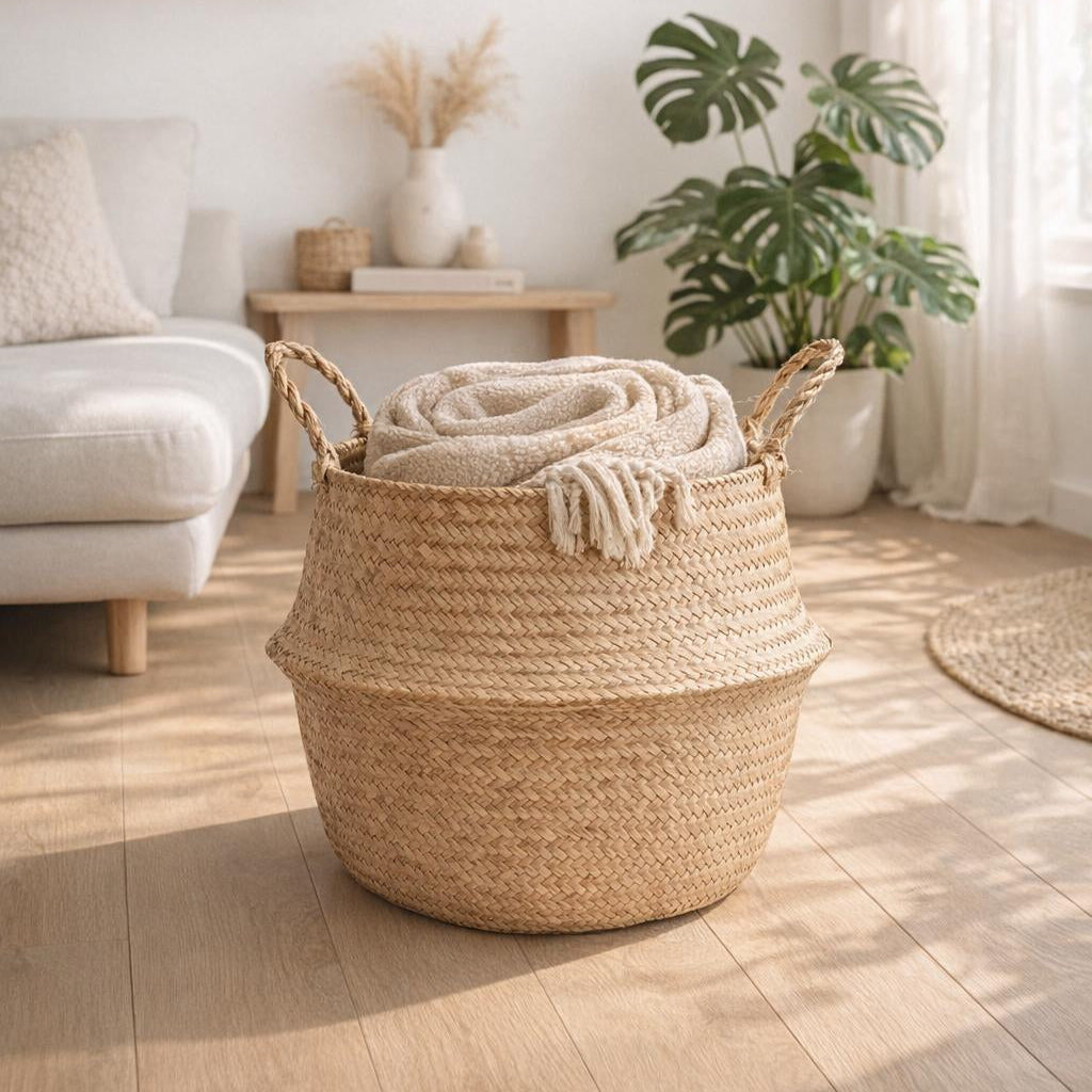 Seagrass Belly Basket, Woven Storage Organizer, Plant Pot Cover, Boho Laundry Hamper, Natural Decor