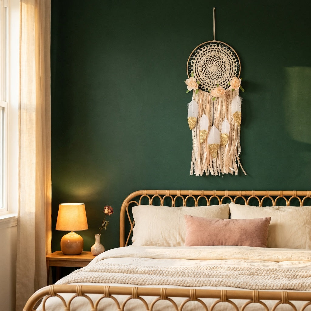 Bohemian flower dreamcatcher with roses and gold feathers on dark green wall above rattan boho bedroom