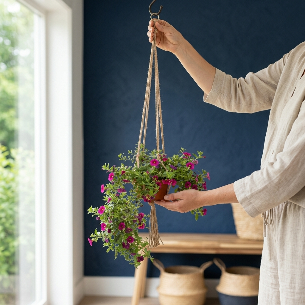 Woman hanging a jute plant hanger with pink petunias indoors