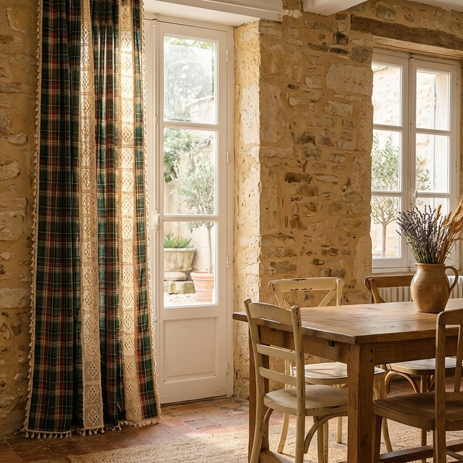 Buffalo Plaid Häkelspitzen-Vorhangpanel — Stangentasche, Quastenbesatz, Halbtransparent, Farmhaus Boho