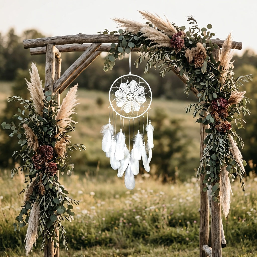 White lace dream catcher on rustic wooden wedding arch with pampas grass — boho wedding decor