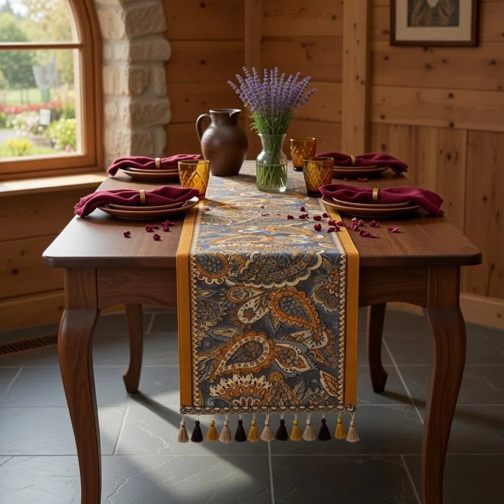 Boho Paisley Table Runner with Tassels | Farmhouse Vintage Fringe Runner | Wedding Holiday Decor