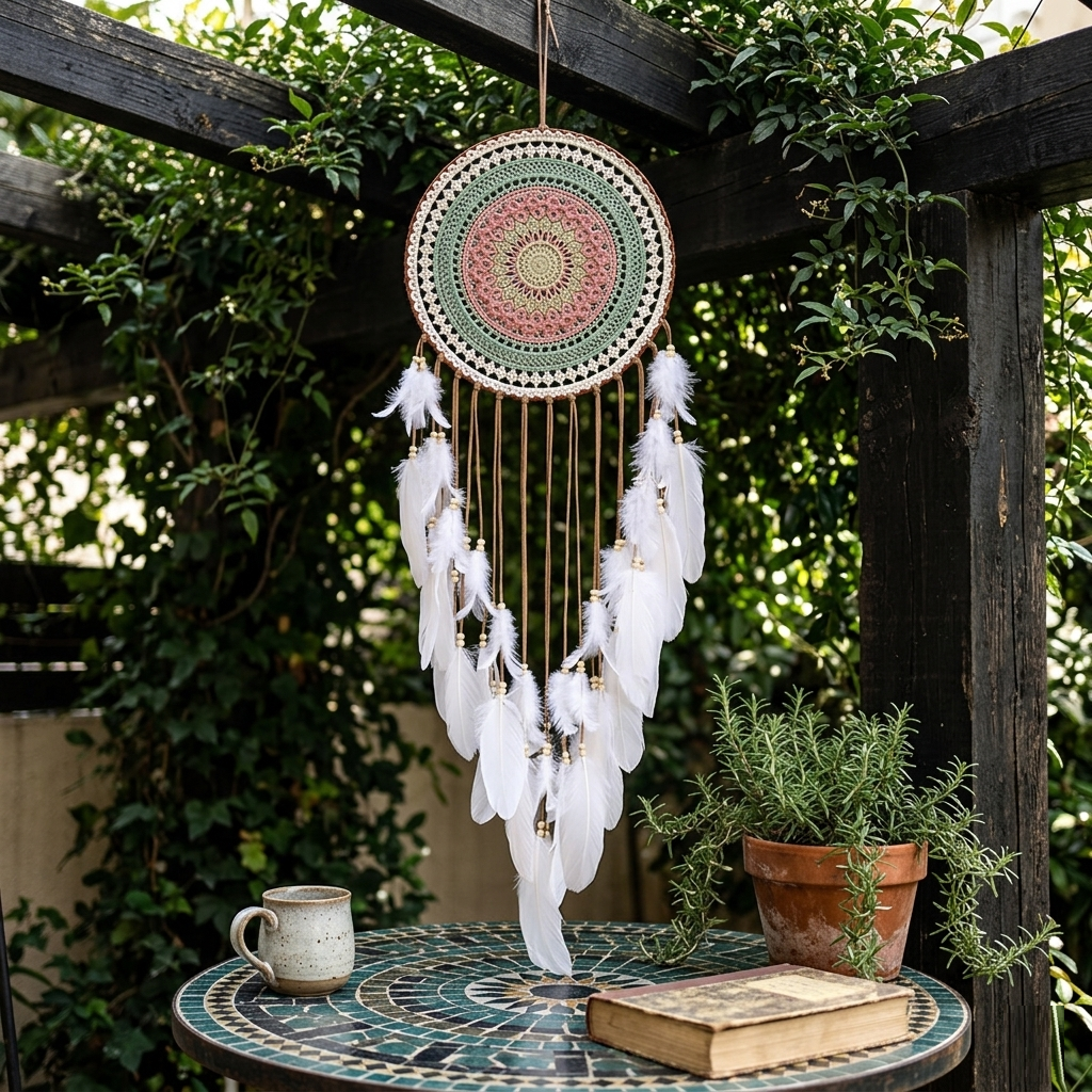 Large round mandala dreamcatcher hanging from outdoor pergola with green garden backdrop — patio boho decor