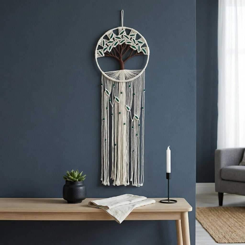 Boho macrame tree of life wall hanging in home office, slate blue wall, green leaf fringe cotton rope nature wall art