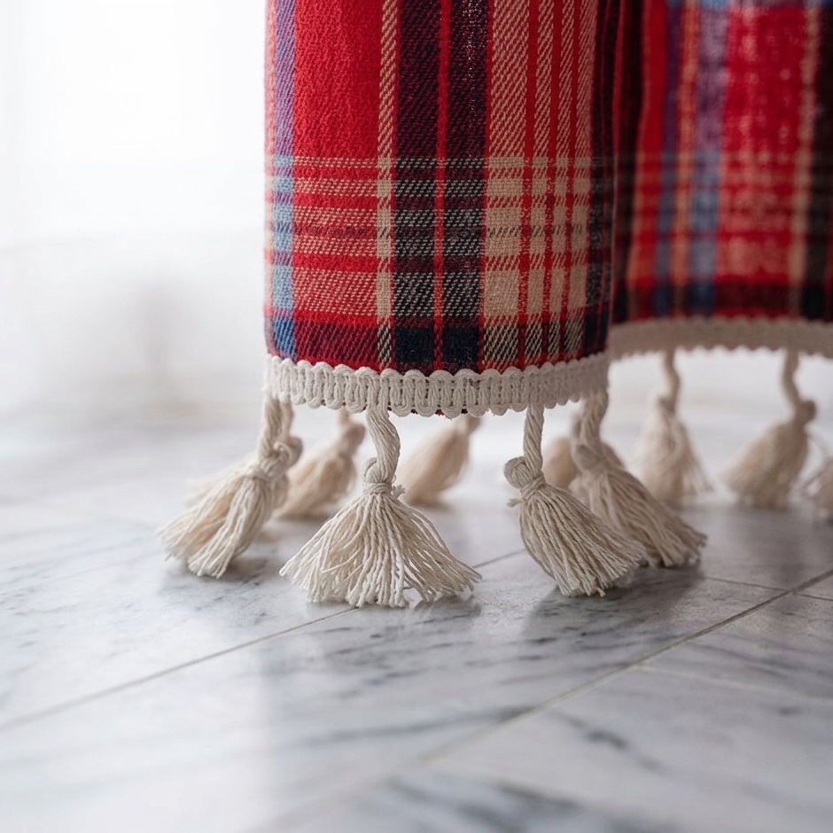 Cotton tassel fringe hem of red buffalo plaid crochet curtain resting on grey Carrara marble herringbone floor