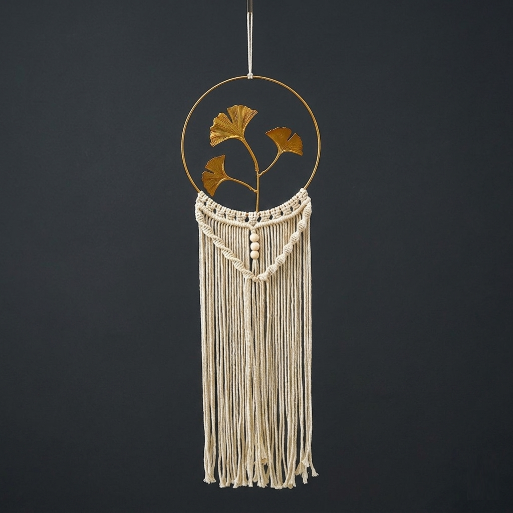 Ginkgo leaf macrame wall hanging with gold hoop and cream cotton fringe on dark charcoal background — Bohoartis