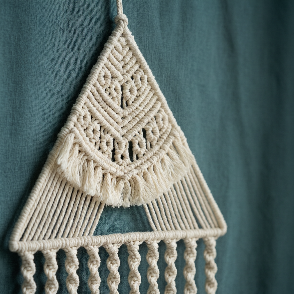 Close-up detail of cream macrame dreamcatcher knotwork — handcrafted geometric triangle with spiral cotton rope and fringe tassels