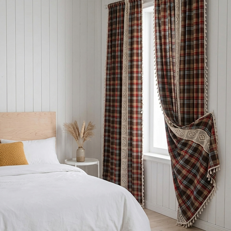 Brown buffalo plaid crochet lace curtain in a bright Scandinavian bedroom with white wall panelling