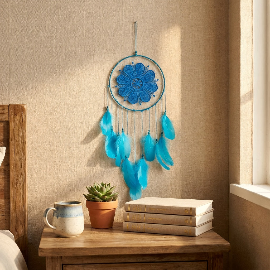 Blue lace dream catcher with turquoise feathers near window — boho bedroom wall art
