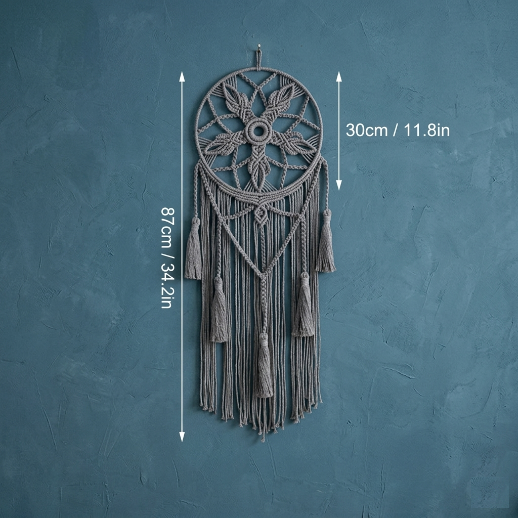 Large round macrame dreamcatcher size chart ring diameter 30cm total length 87cm dimensions in inches — Bohoartis