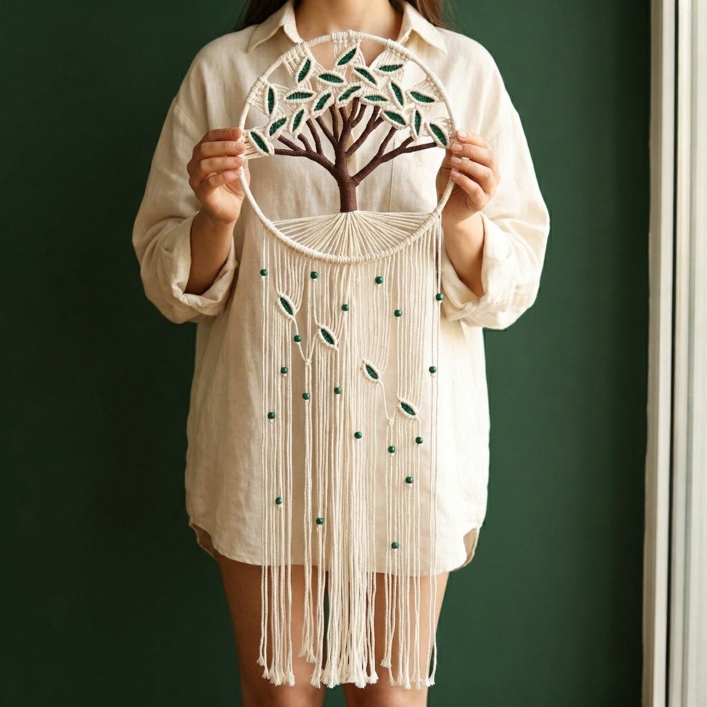Woman holding tree of life macrame wall hanging, green leaf fringe variant, shows true size 30cm hoop 110cm length