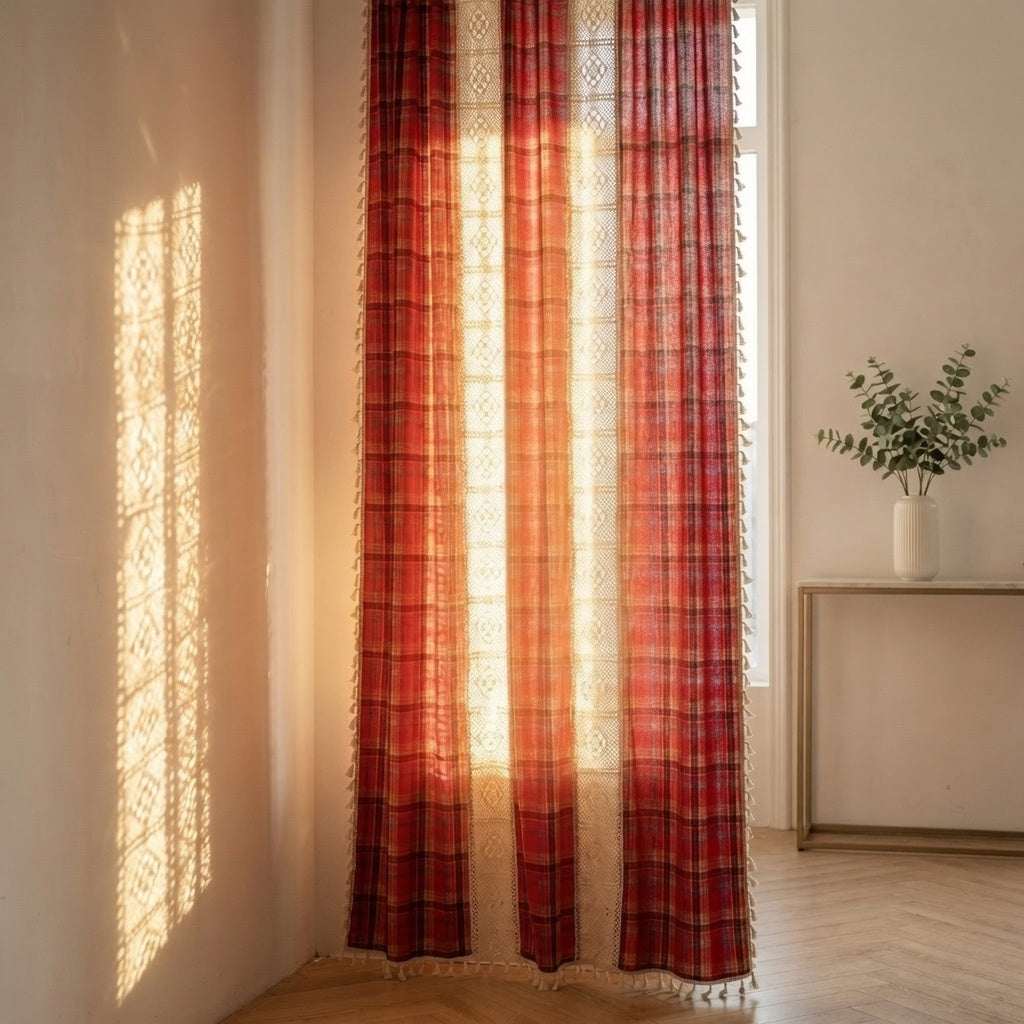 Red tartan plaid crochet curtain panel in a festive Christmas living room with glowing fireplace and pine tree