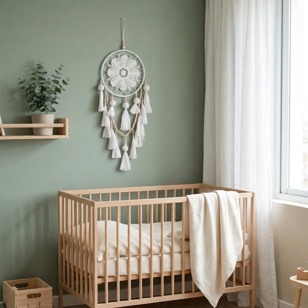 White dream catcher hanging in Scandinavian nursery beside wooden crib — sage green wall decor