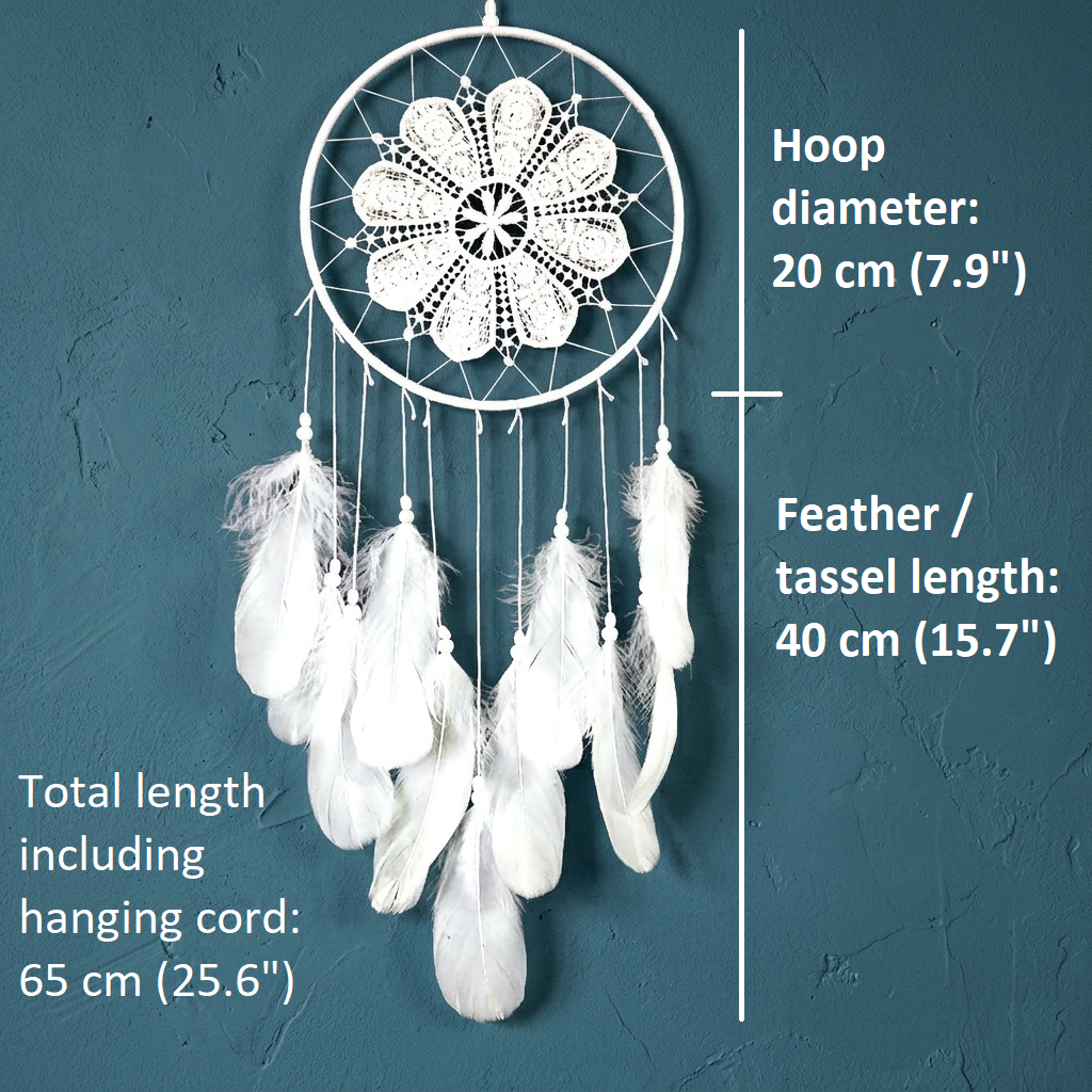 Lace dream catcher size guide — hoop 20 cm, feather length 40 cm, total length 65 cm