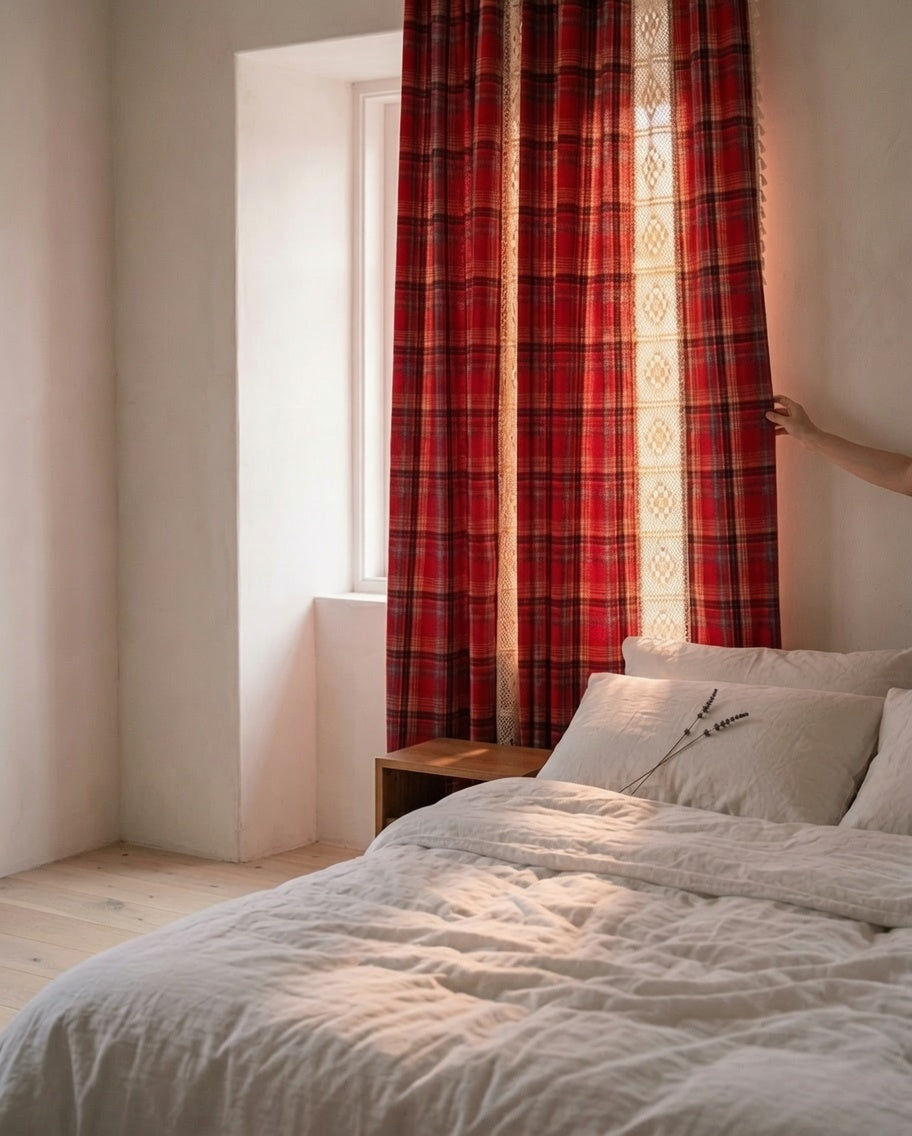 Red tartan plaid crochet curtain softly parted in a quiet morning bedroom with pink dawn light and white linen