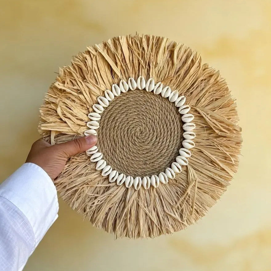 Handmade Raffia Hanging with Cowrie Shells | Boho round Straw Art | Beach House Gift