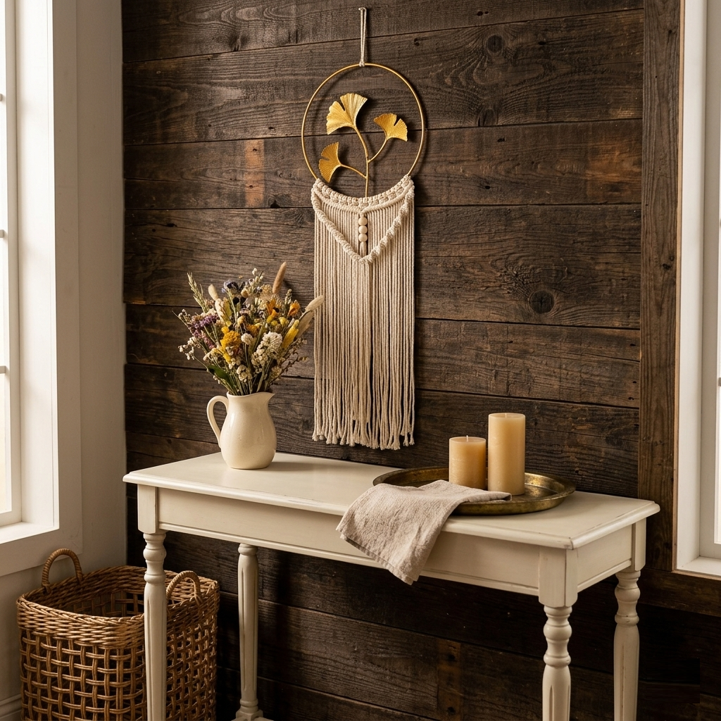 Cream macrame fringe ginkgo wall hanging on dark reclaimed wood plank wall above farmhouse console table — Bohoartis