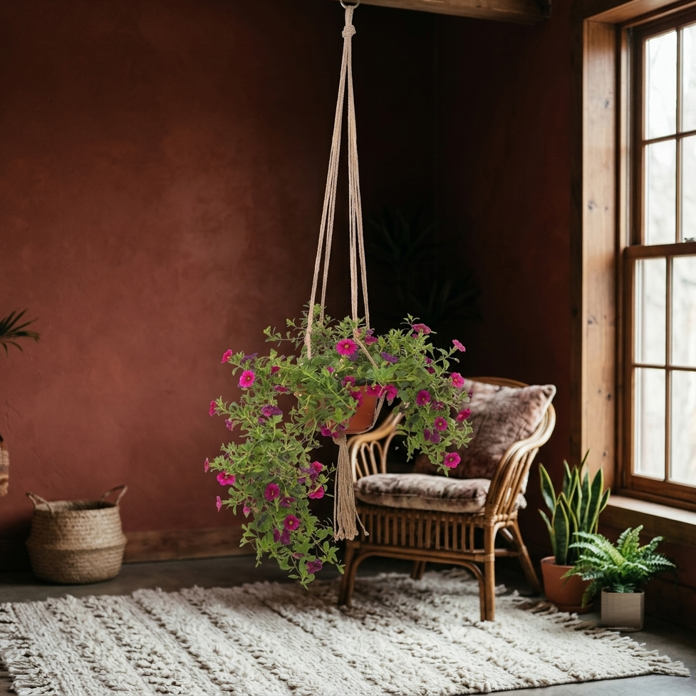 Jute plant hanger with pink petunias against a deep red boho wall