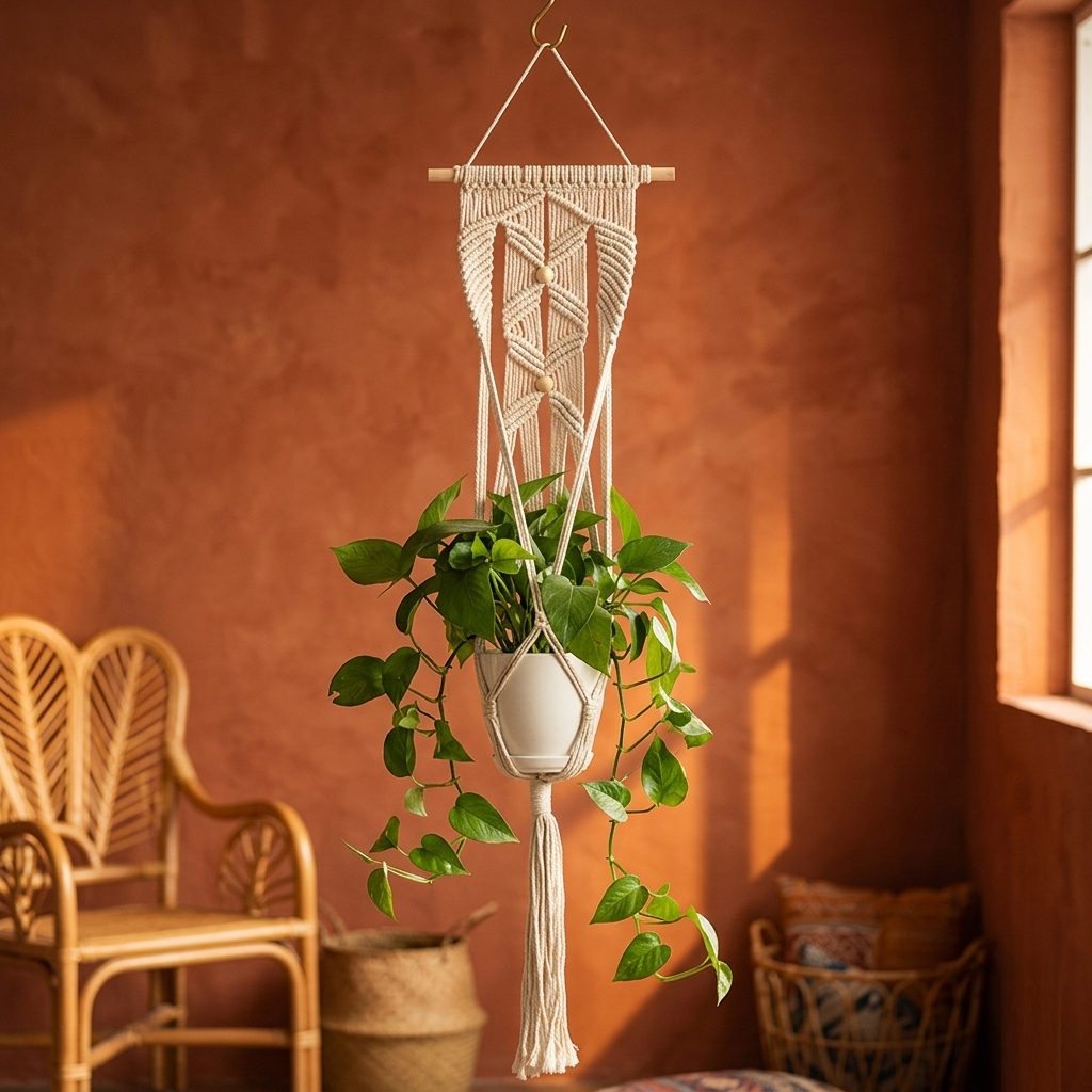 Macrame plant hanger with wooden dowel and tassel fringe hanging in bohemian living room against terracotta wall
