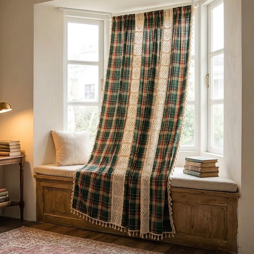 Deep green tartan plaid crochet curtain in a warm Mediterranean living room with terracotta walls and arched window