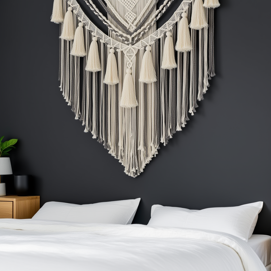 Large macrame wall hanging above bed with white bedding — above bed decor bohemian bedroom, cotton tassel wall art