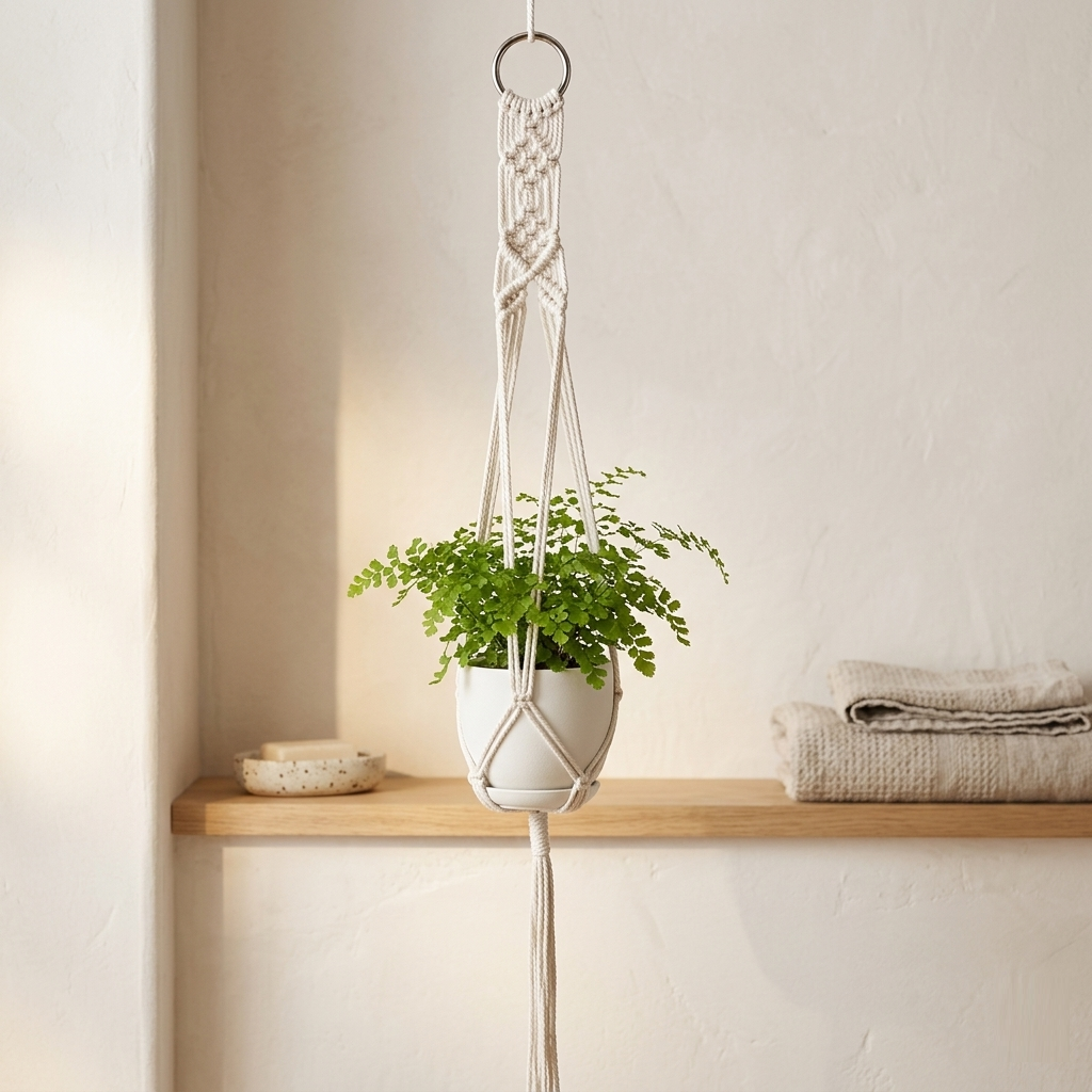 cotton rope plant hanger with ring tops on shelf, boho living room styling, housewarming gift