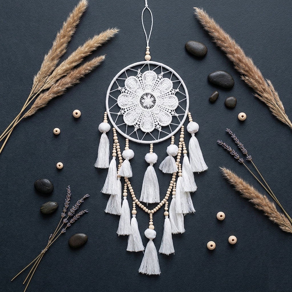 White lace dream catcher with feathers on dark background — lace mandala wall hanging detail
