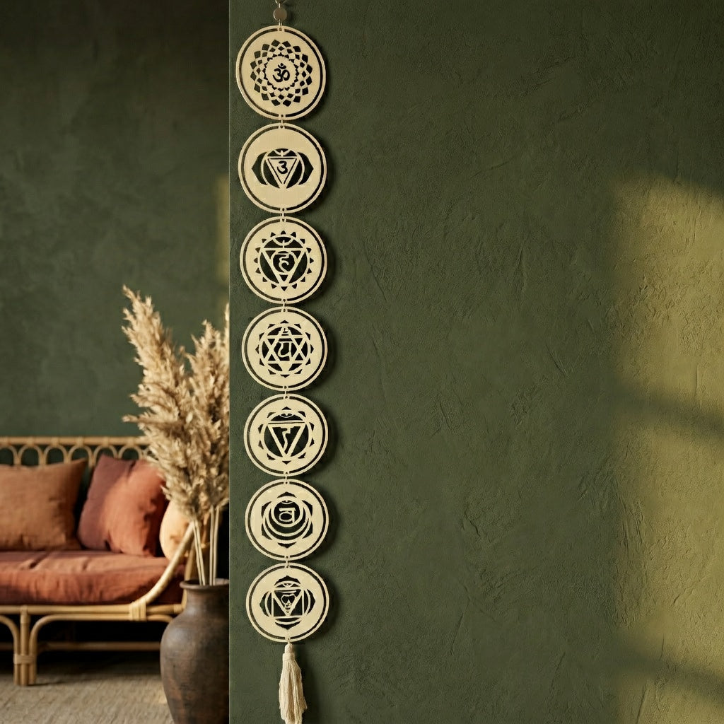 Wooden chakra wall hanging boho living room decor yoga meditation interior