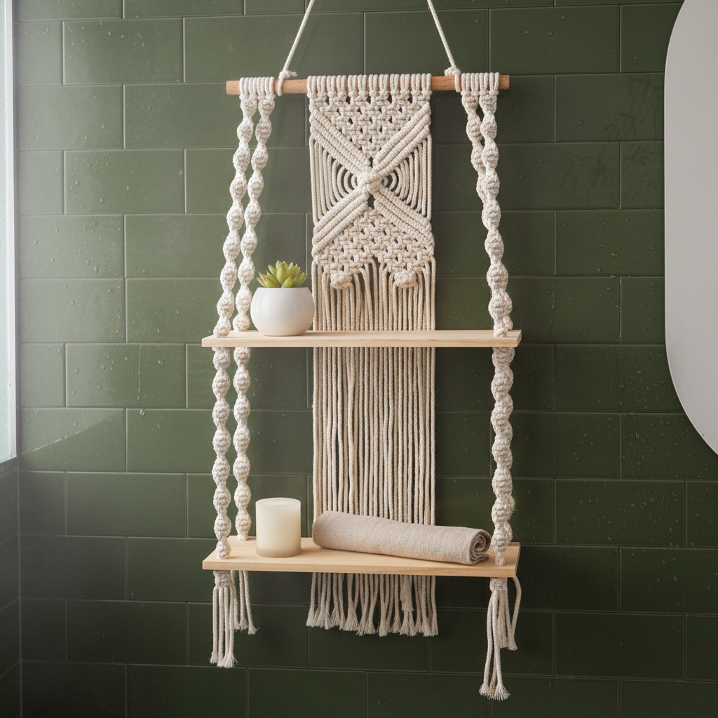 Macrame wall shelf with geometric diamond knot panel on dark green wall with small decorative plants