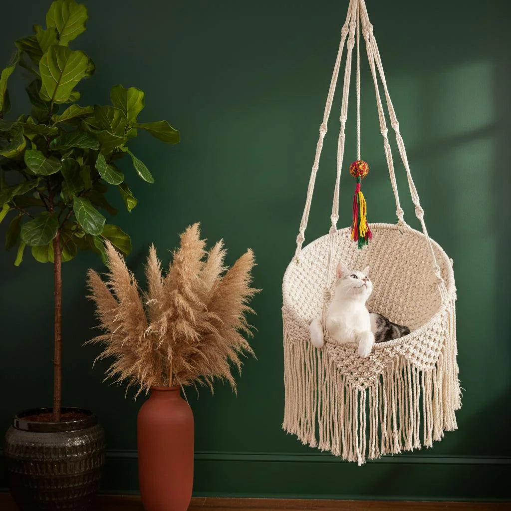 Macrame Cat Bed Hanging Hammock, Boho Cat Nest Cotton Basket, Fringe Pet Swing Gift
