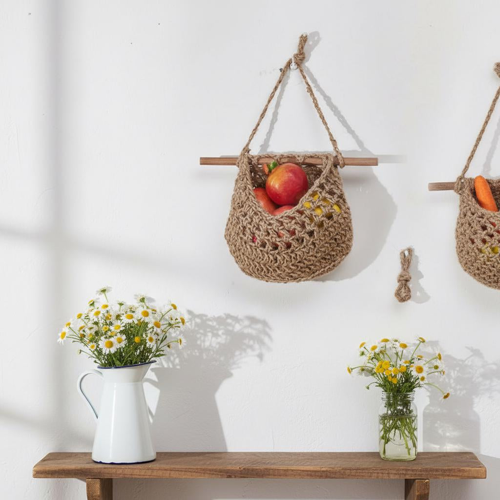 Cotton rope wall hanging basket styled with white flowers, cottagecore kitchen wall decor