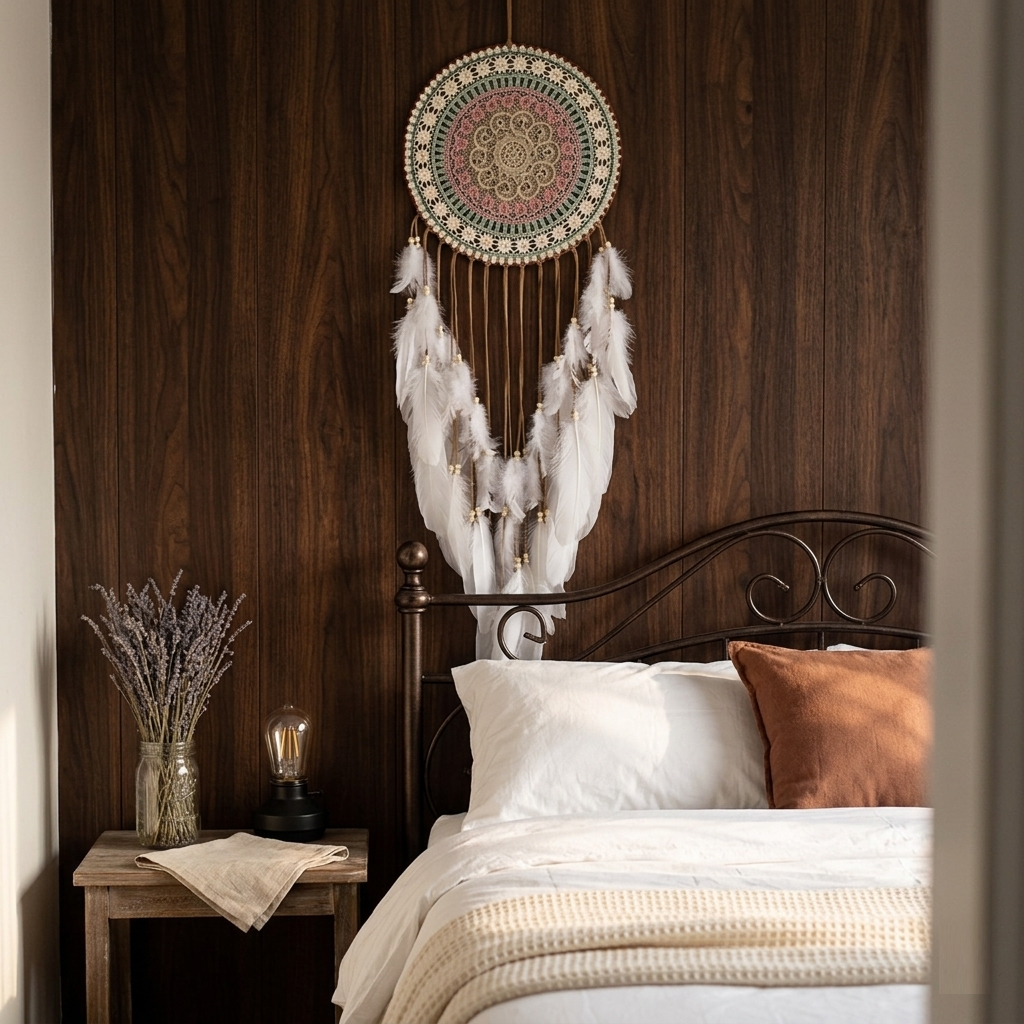 Large round mandala dreamcatcher hanging above bed in rustic boho bedroom — sage green and pink wall hanging
