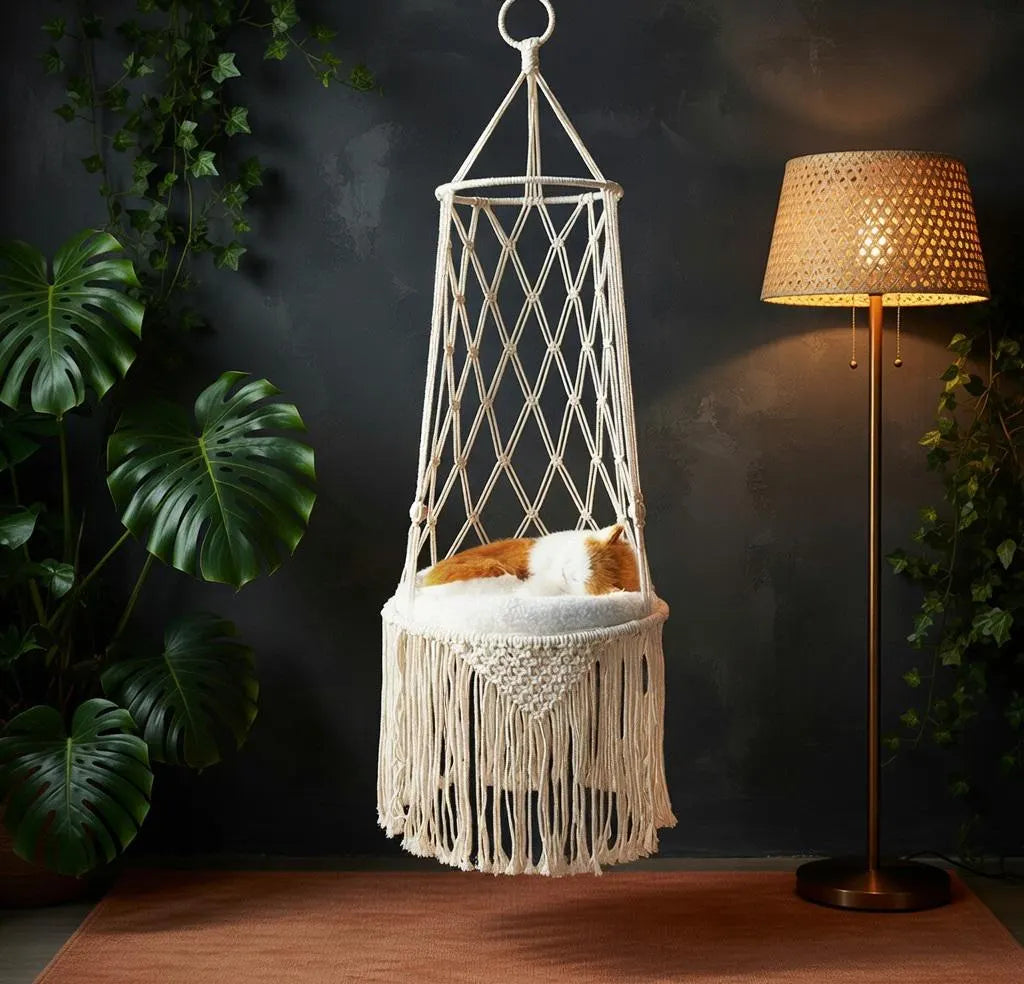Macrame Cat Hammock – Handmade Fringe Hanging Bed, Boho Pet Decor, Cat Lover Gift