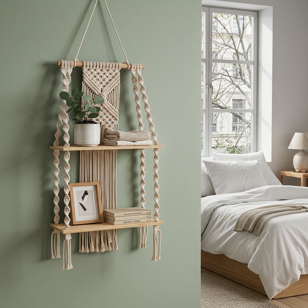 Macrame wall shelf in Scandinavian bedroom with sage green wall natural light and cottagecore styling