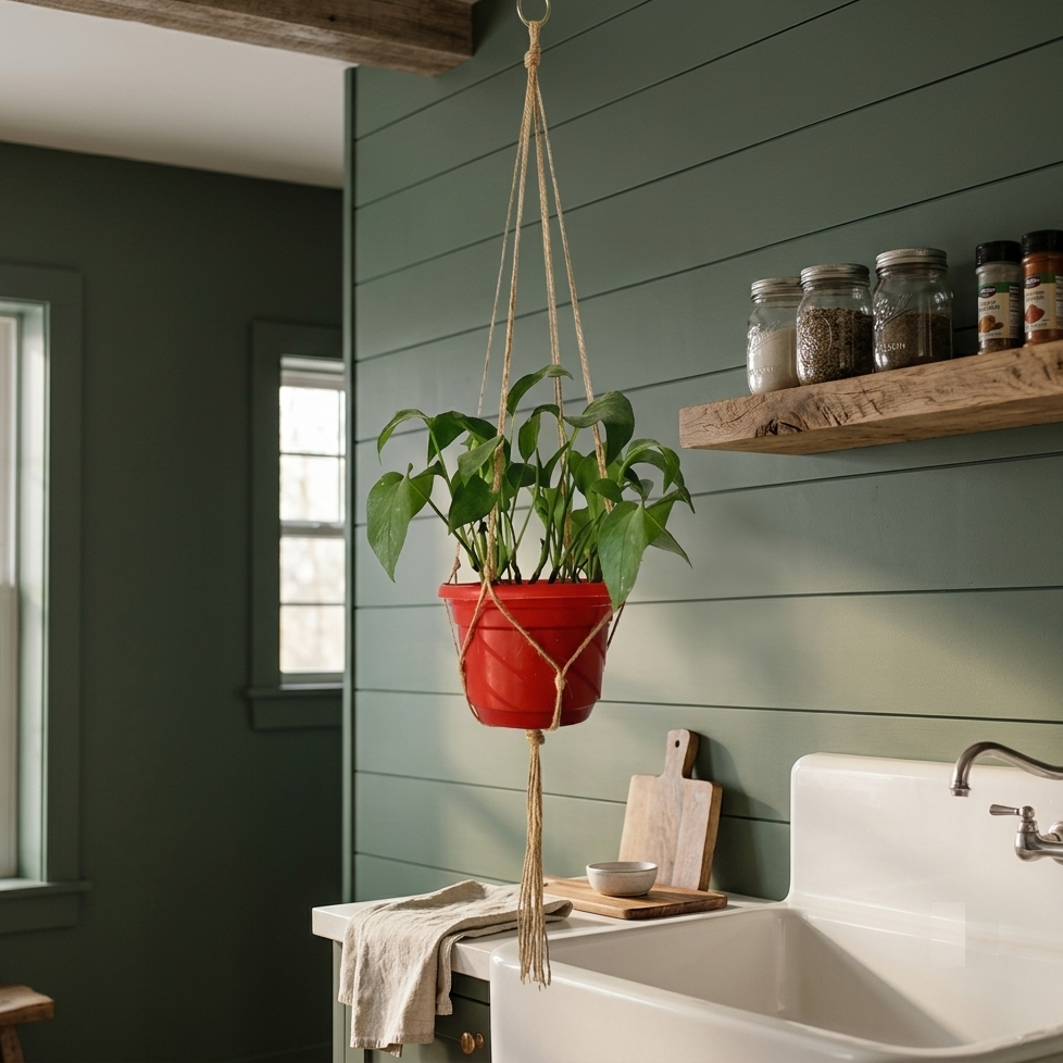 Jute plant hanger with red pot and trailing greenery in a farmhouse kitchen