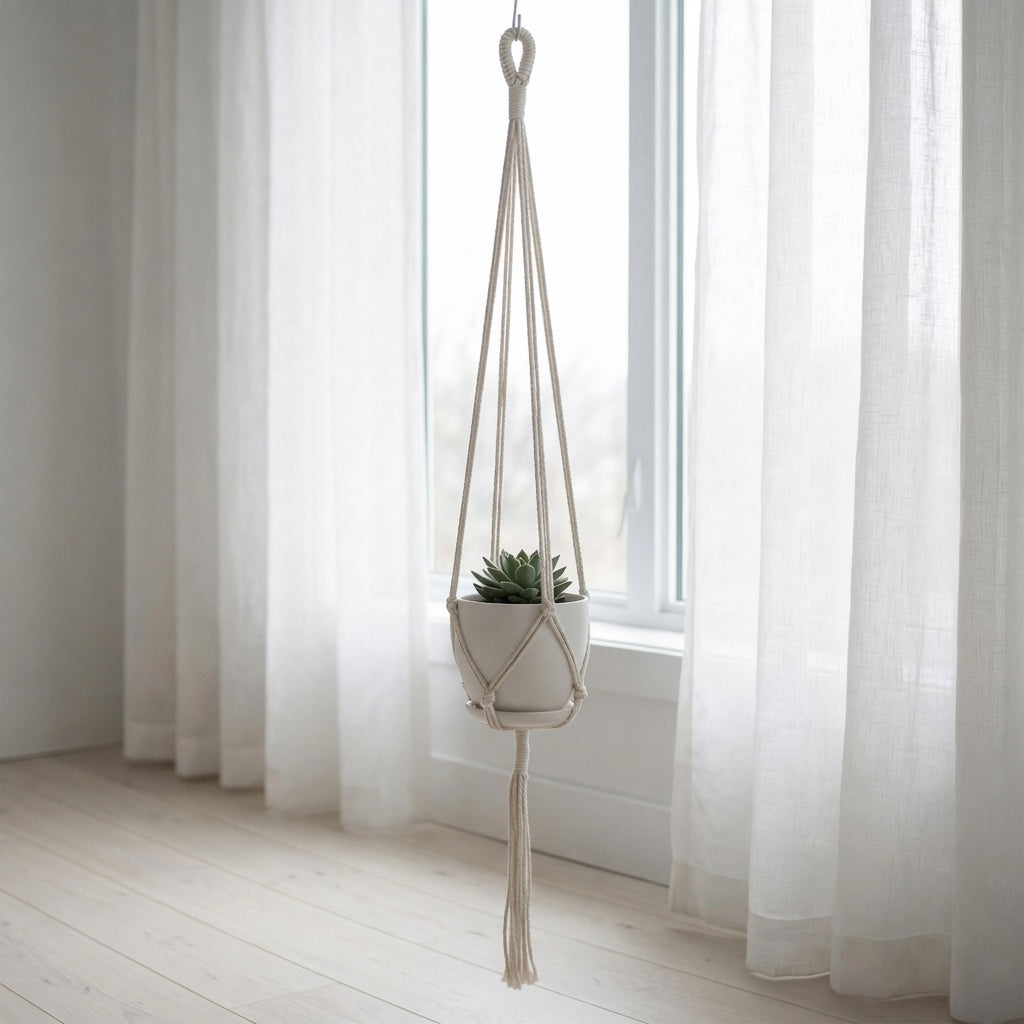 Simple beige cotton rope plant hanger with ring top hanging near window in Scandinavian bedroom natural light