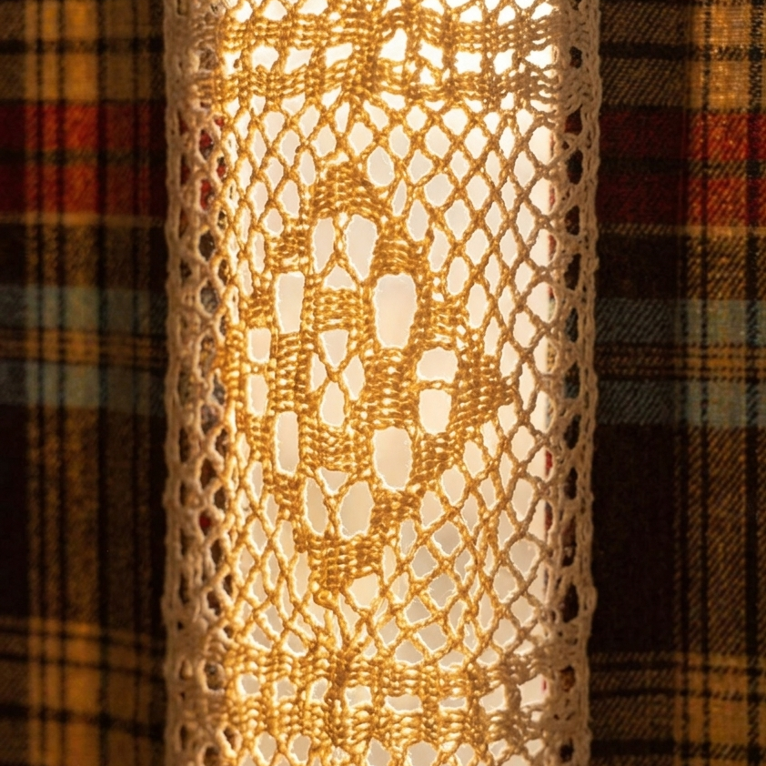 Extreme close-up of open-weave cream crochet lace band on red tartan plaid curtain, diamond lattice cotton thread pattern