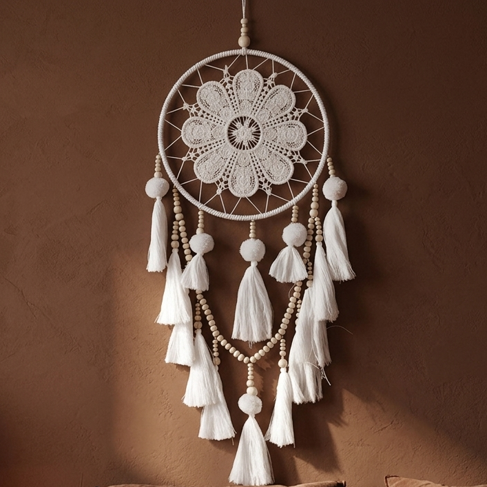 White boho lace dream catcher with wooden beads and tassels — cottagecore bedroom wall hanging