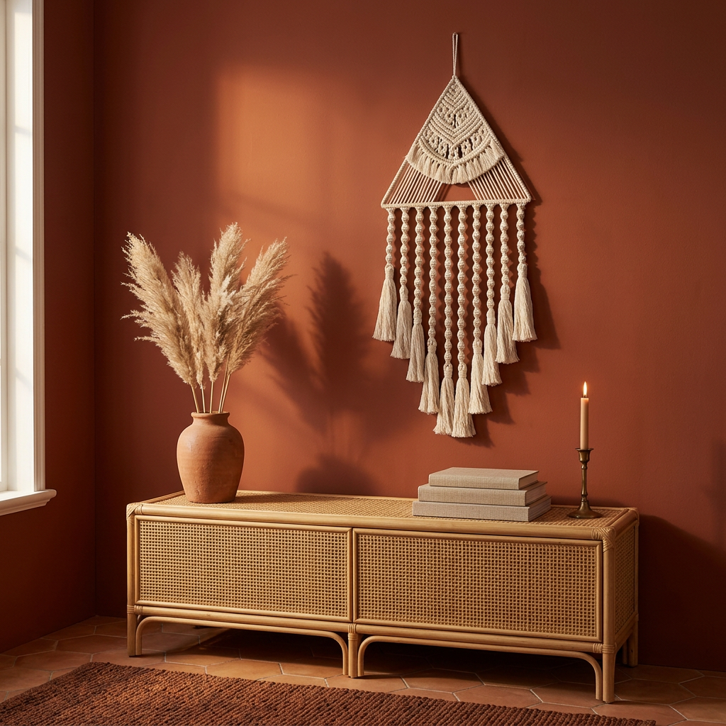 Triangle macrame dreamcatcher with cotton tassels on terracotta wall above rattan sideboard — boho living room wall art
