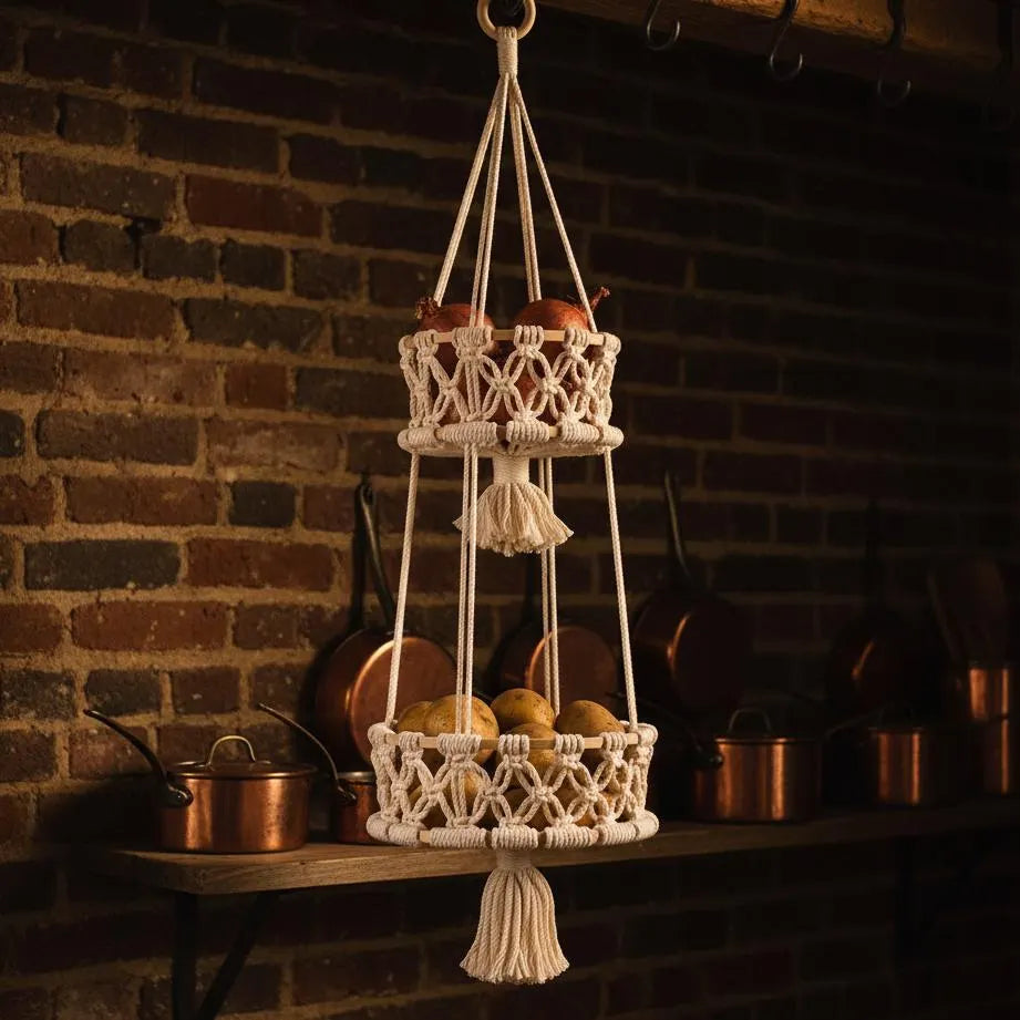 Macrame Tiered Fruit Hammock | Boho Kitchen Storage | Handmade Veggie Organizer 1 2 3 Tier