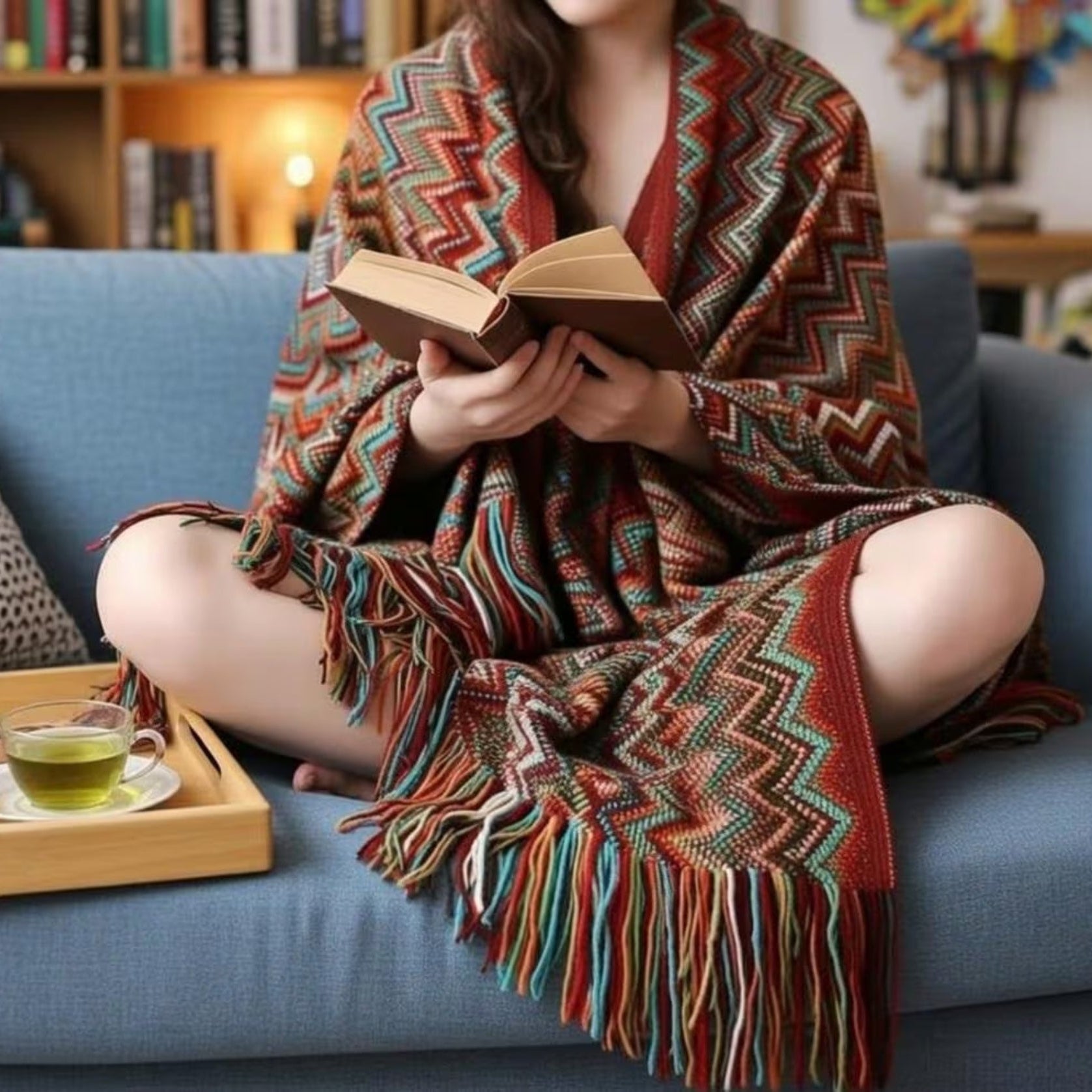Woman reading book wrapped in chevron fringe throw on blue sofa